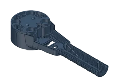 Plastic handheld tool part with a round circular head and a long textured handle, likely a housing or connector component.